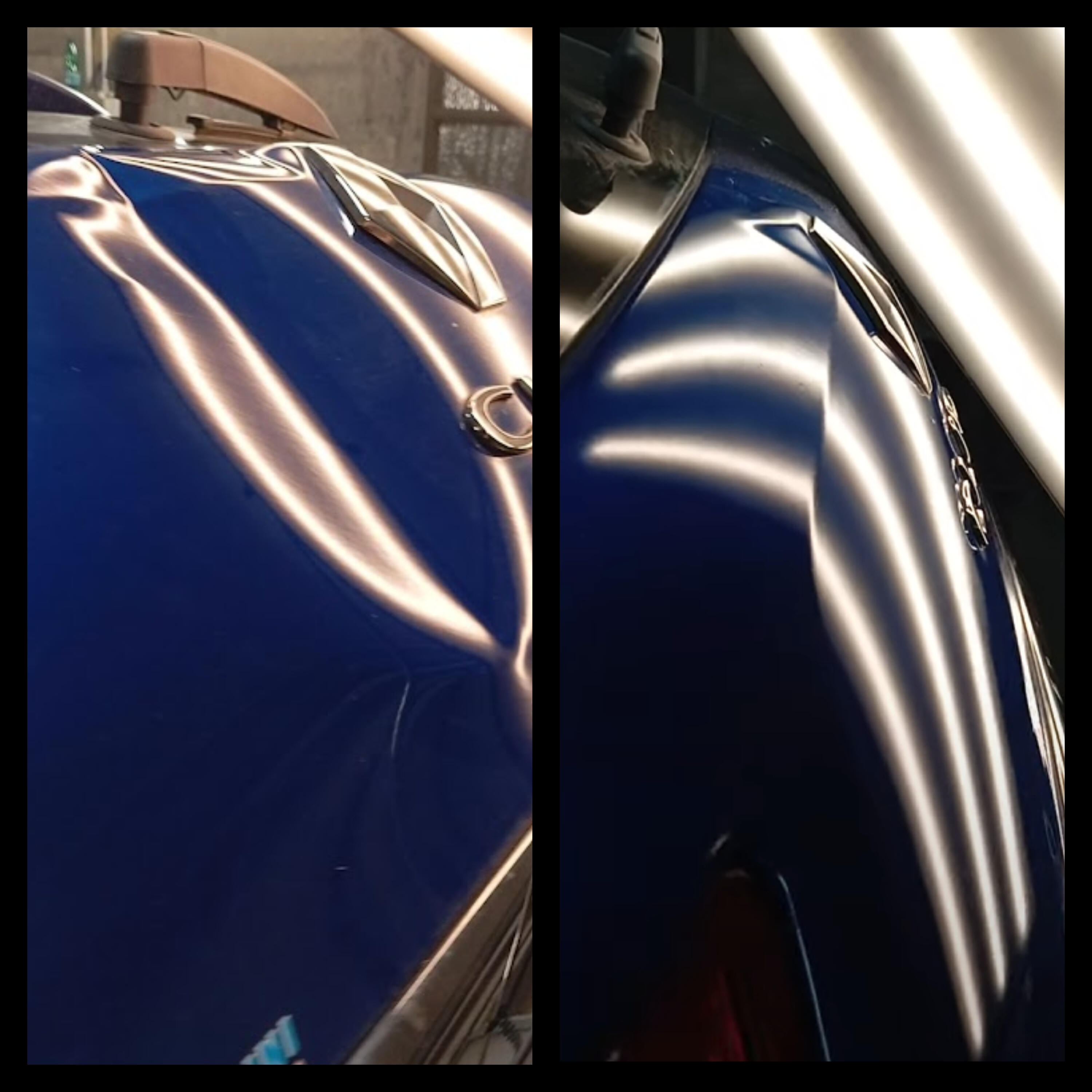 Riparazione bollo sul tetto di un'auto blu, prima e dopo il PDR